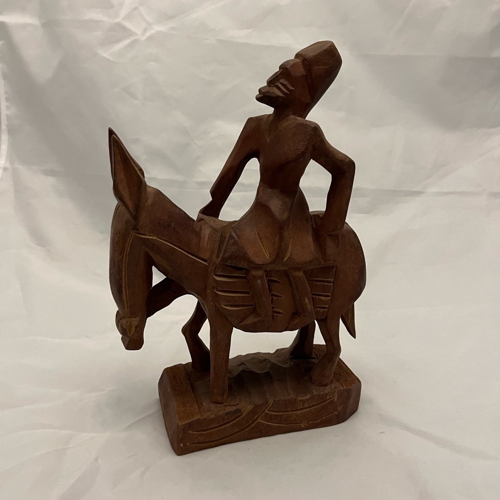 Wooden Carving Tribal Statue Man on Horse, Vintage EUC